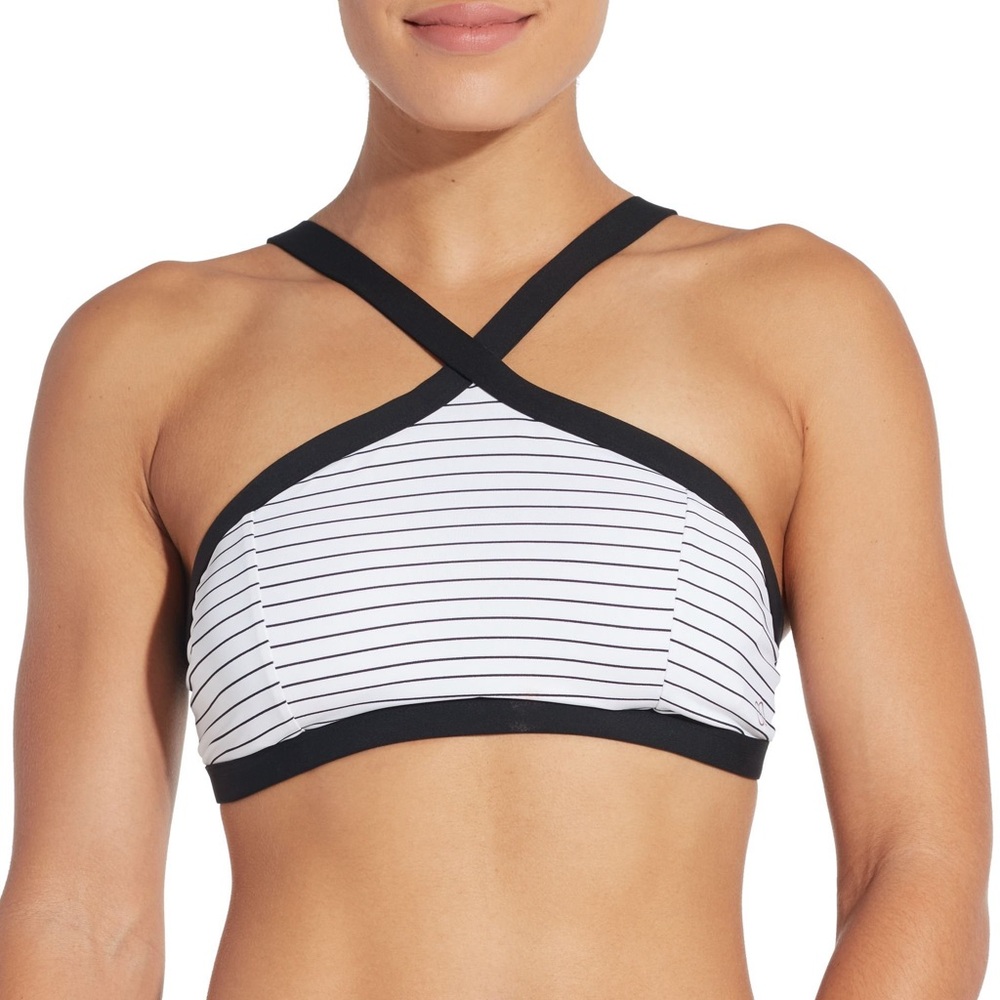 Calia White & Black Striped Cross Front High Neck Bikini Swim Top
